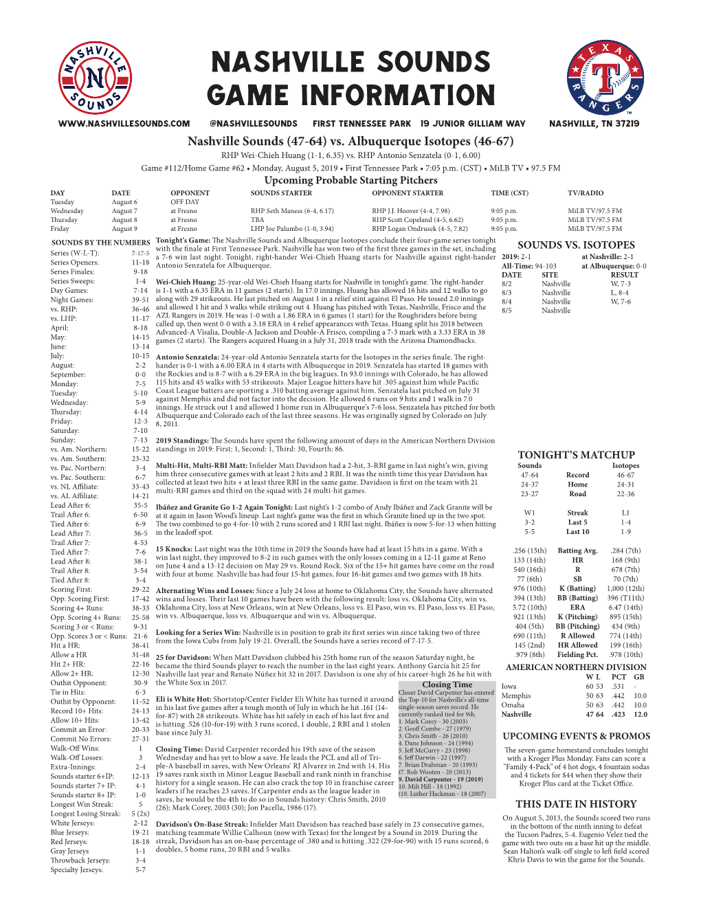 Nashville Sounds Game Information @Nashvillesounds First Tennessee Park 19 Junior Gilliam Way Nashville, TN 37219 Nashville Sounds (47-64) Vs