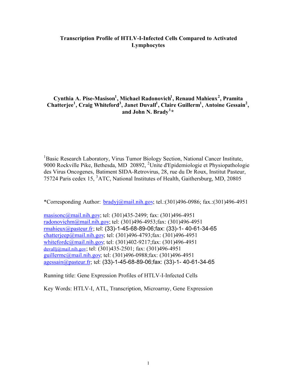 Transcription Profile of HTLV-I-Infected Cells Compared to Activated Lymphocytes