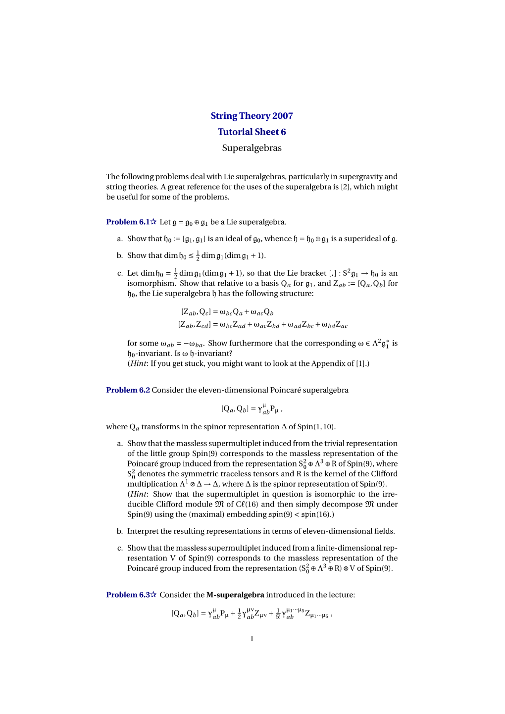 String Theory Tutorial Sheet 6