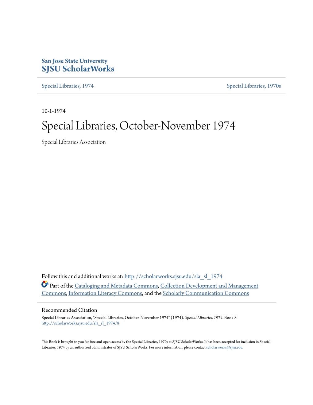 Special Libraries, October-November 1974 Special Libraries Association