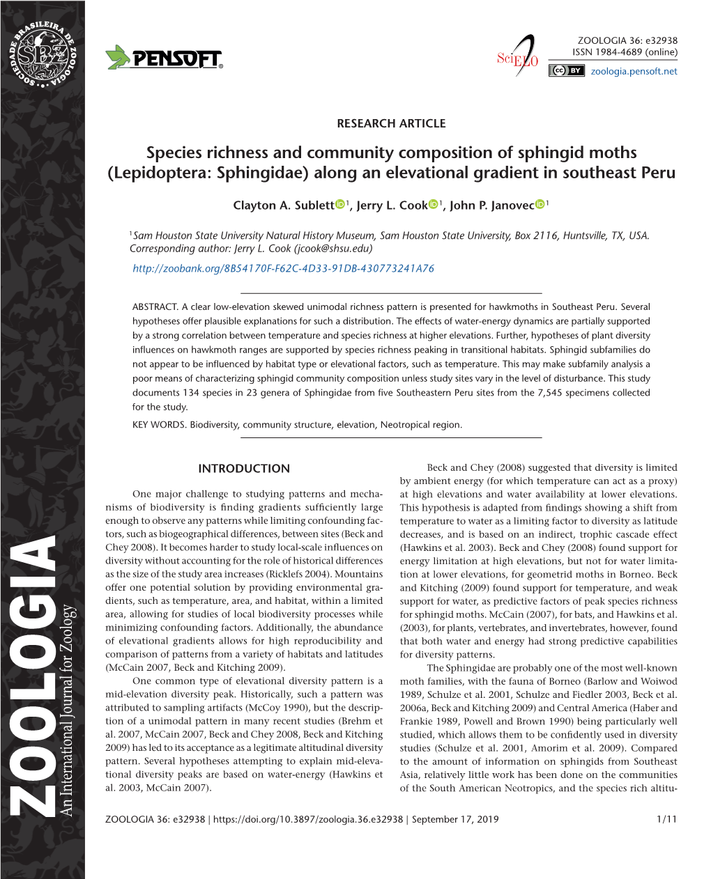 Species Richness and Community Composition of Sphingid Moths (Lepidoptera: Sphingidae) Along an Elevational Gradient in Southeast Peru