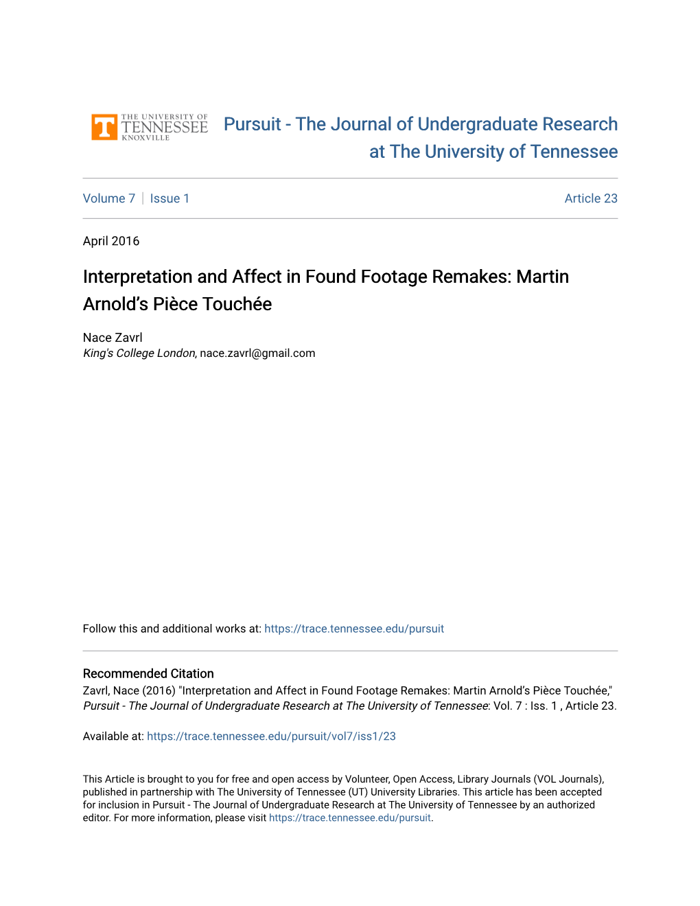 Interpretation and Affect in Found Footage Remakes: Martin Arnoldâ