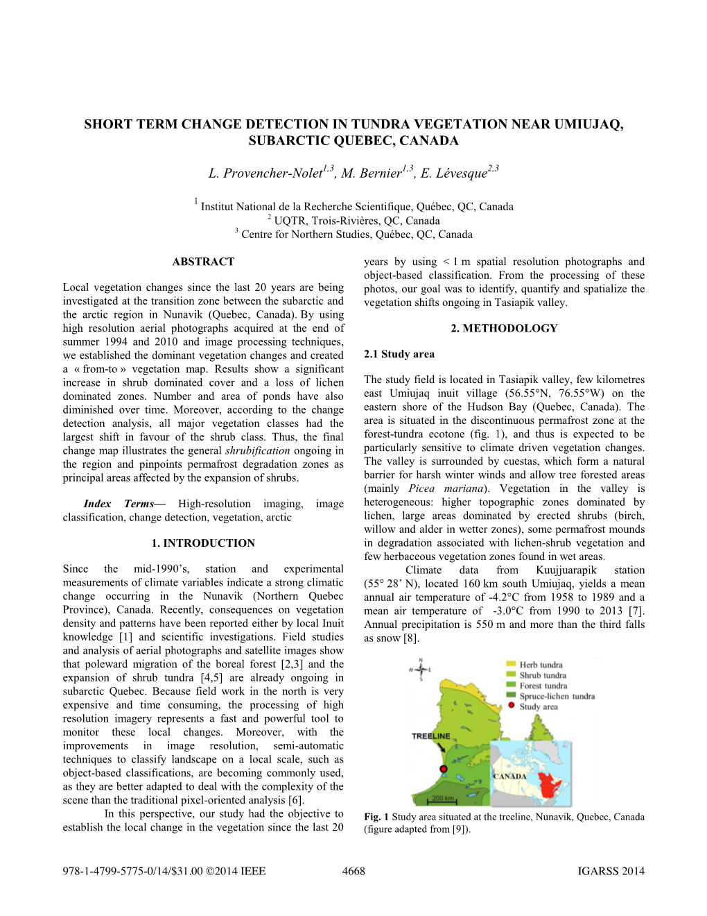 Short Term Change Detection in Tundra Vegetation Near Umiujaq, Subarctic Quebec, Canada