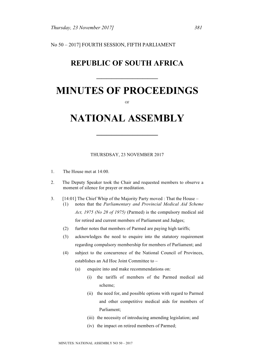 Minutes of Proceedings National Assembly