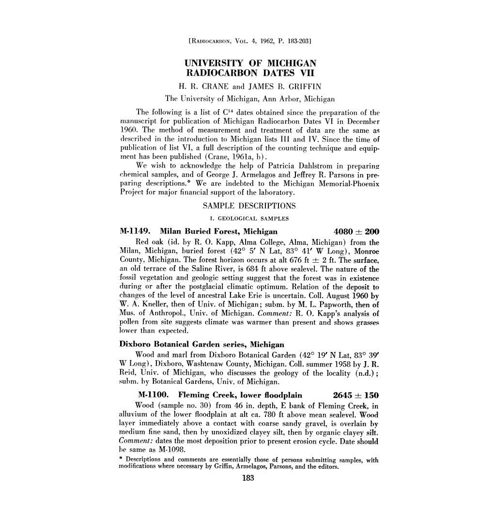 University of Michigan Radiocarbon Dates Vii H