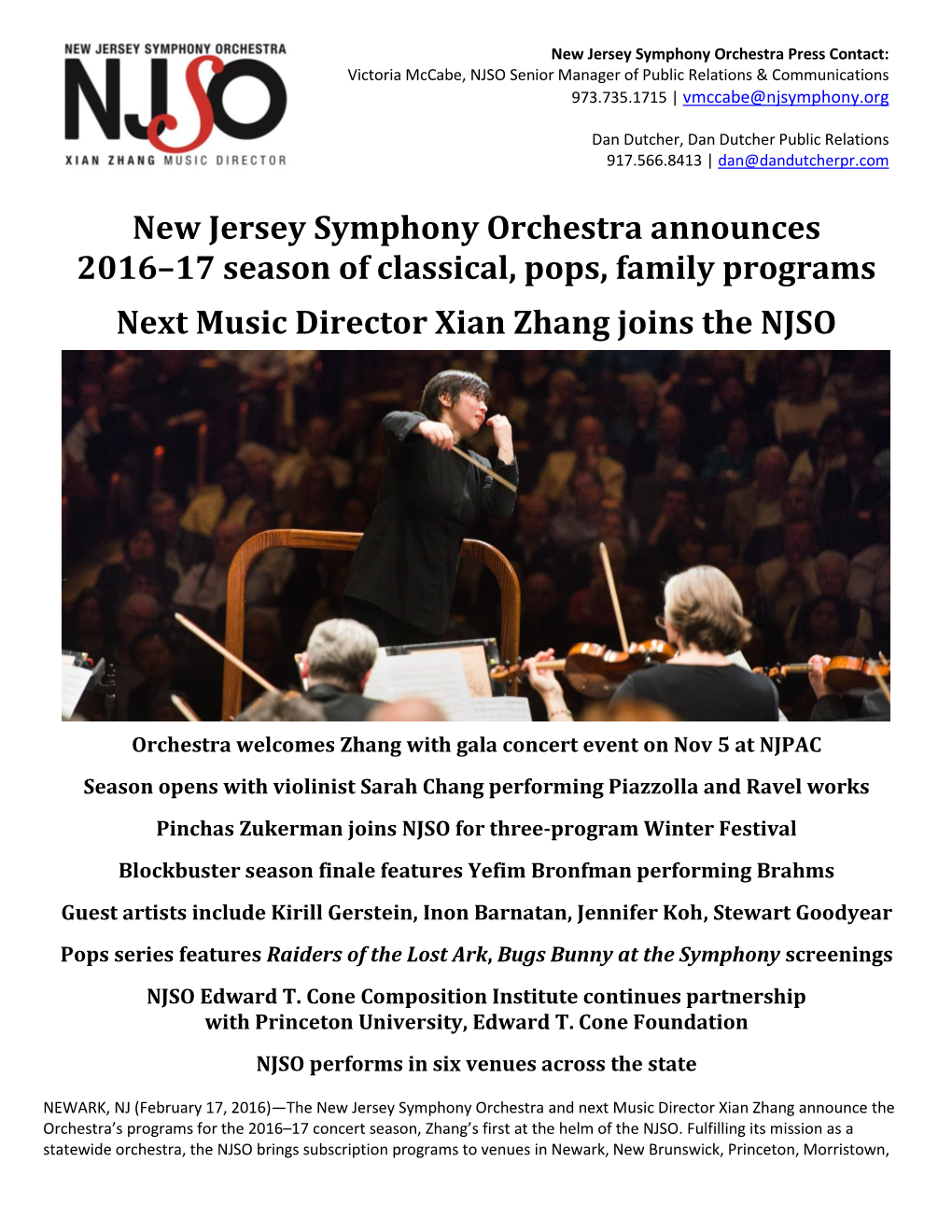 New Jersey Symphony Orchestra Announces 2016–17 Season of Classical, Pops, Family Programs