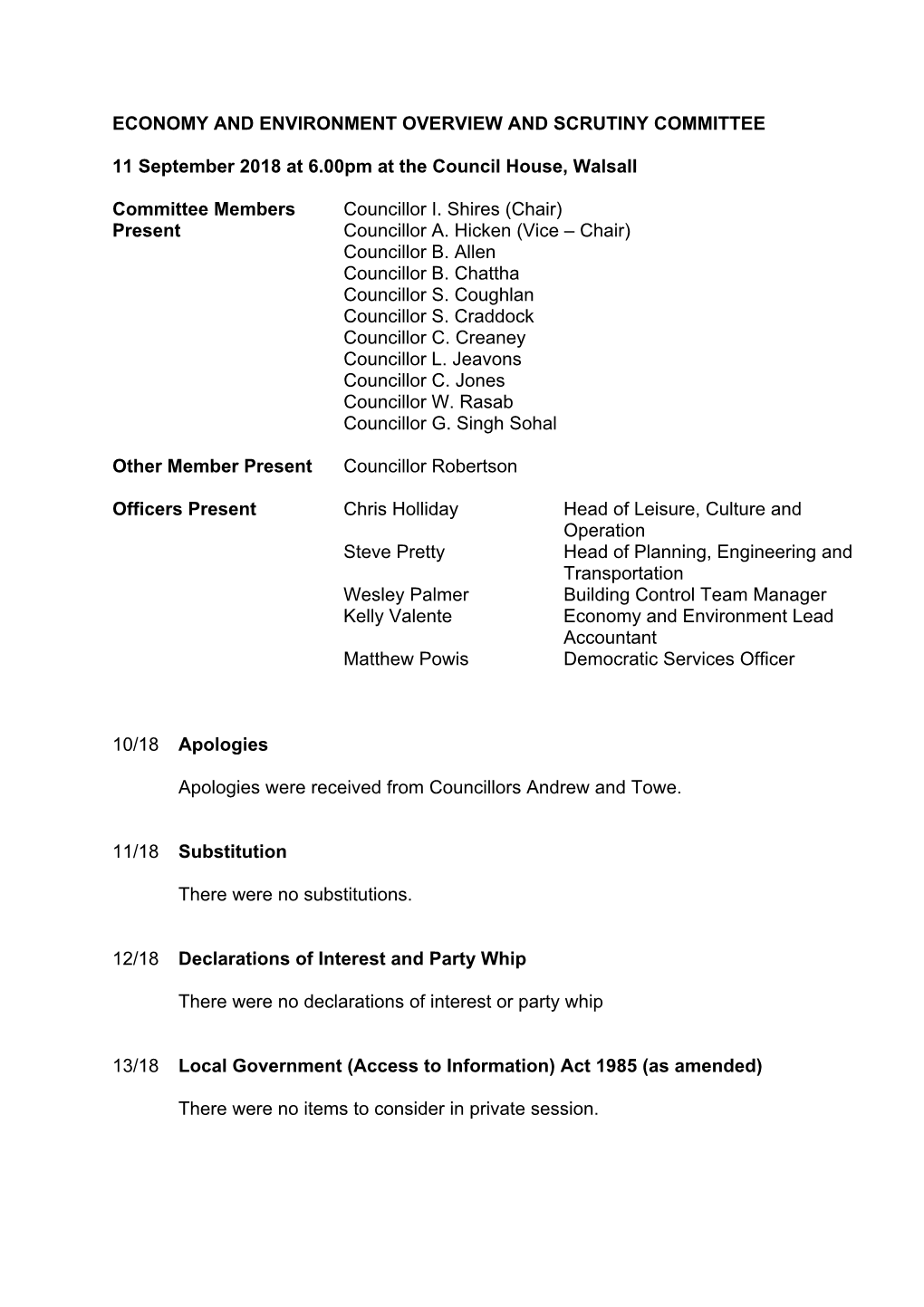 ECONOMY and ENVIRONMENT OVERVIEW and SCRUTINY COMMITTEE 11 September 2018 at 6.00Pm at the Council House, Walsall Committee Memb