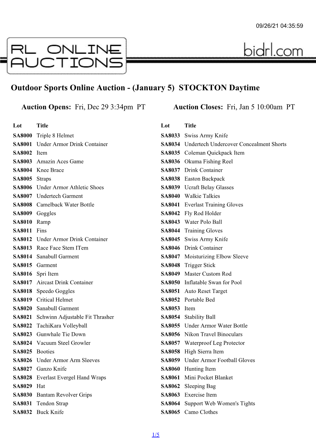 Outdoor Sports Online Auction - (January 5) STOCKTON Daytime