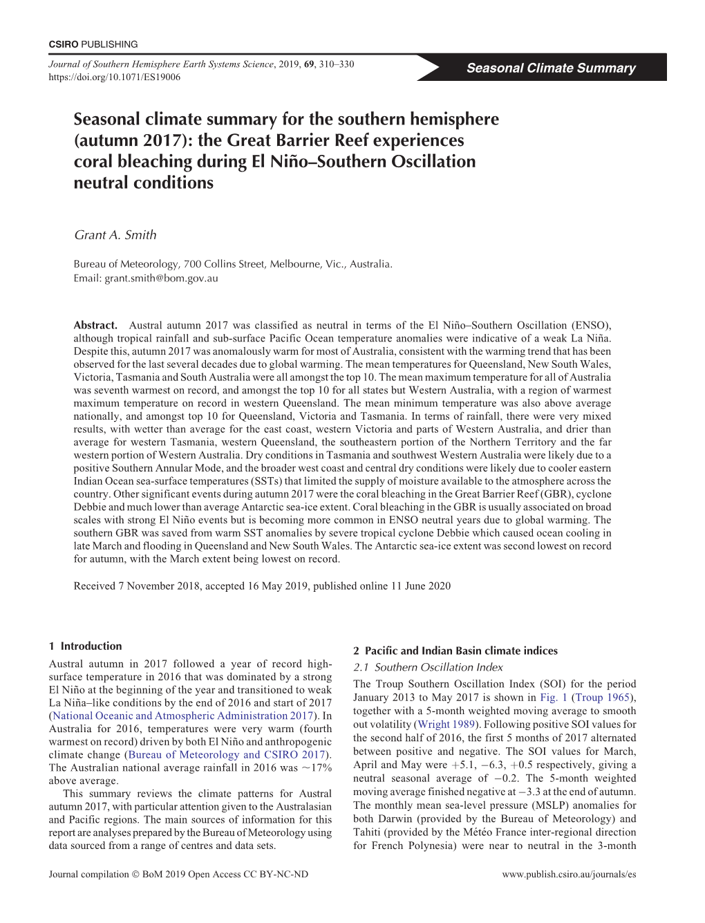 The Great Barrier Reef Experiences Coral Bleaching During El Nin˜O–Southern Oscillation Neutral Conditions