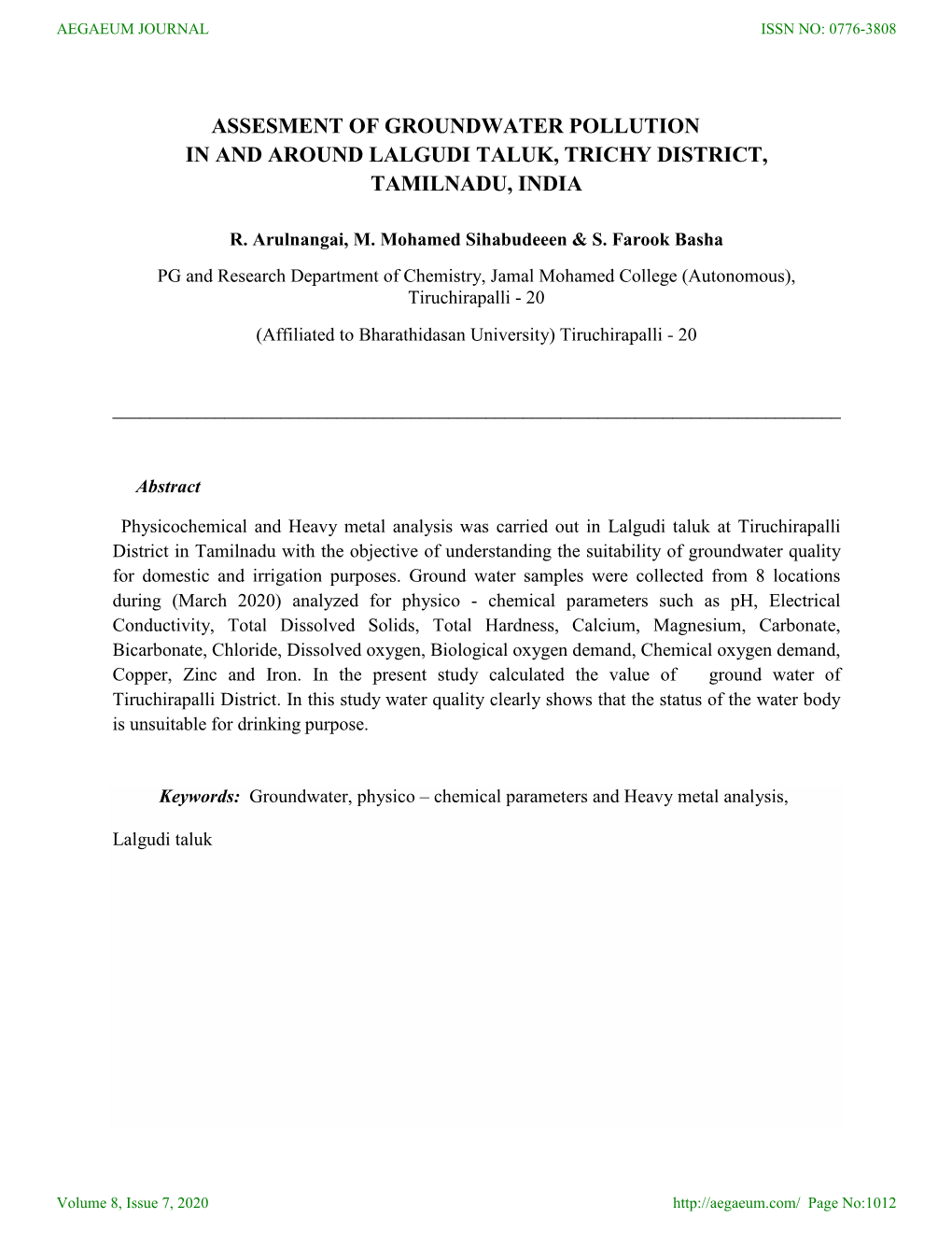 Assesment of Groundwater Pollution in and Around Lalgudi Taluk, Trichy District, Tamilnadu, India