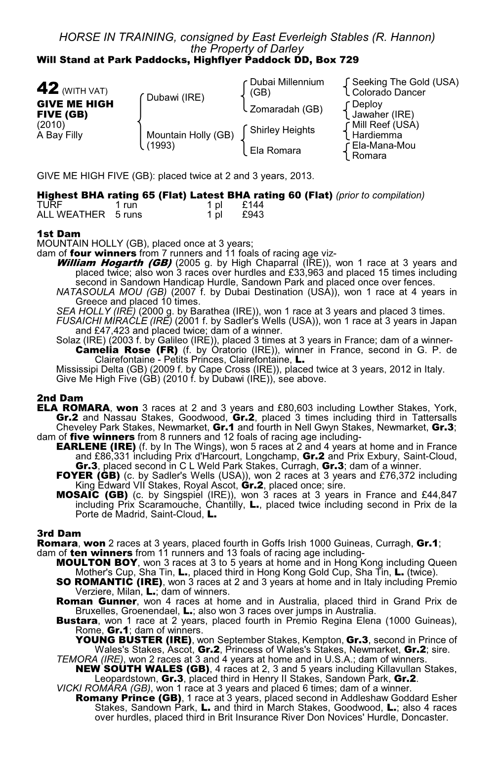 R. Hannon) the Property of Darley Will Stand at Park Paddocks, Highflyer Paddock DD, Box 729