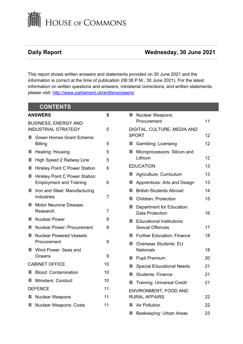 Daily Report Wednesday, 30 June 2021 CONTENTS