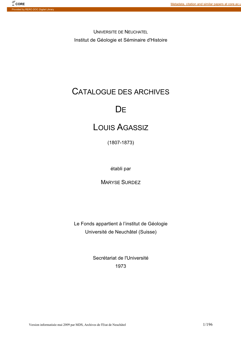 Inventaire Louis Agassiz