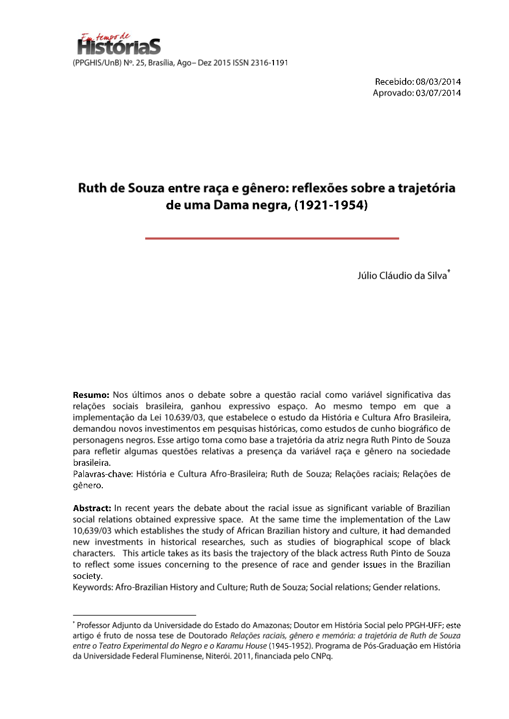 Relações Raciais E De Gênero Na Trajetória De Ruth De Souza