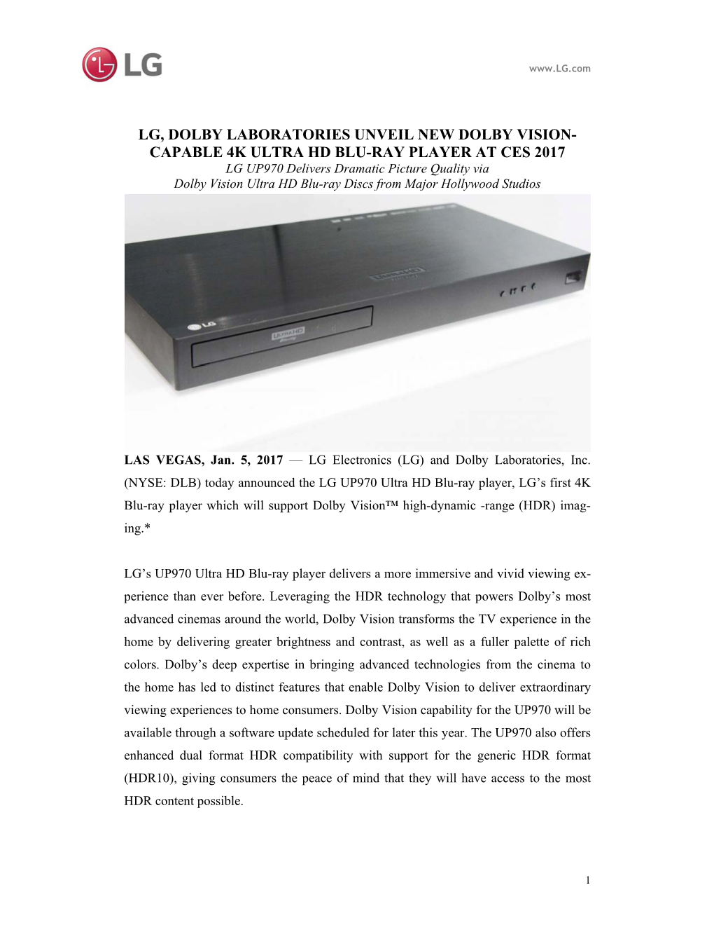 CAPABLE 4K ULTRA HD BLU-RAY PLAYER at CES 2017 LG UP970 Delivers Dramatic Picture Quality Via Dolby Vision Ultra HD Blu-Ray Discs from Major Hollywood Studios