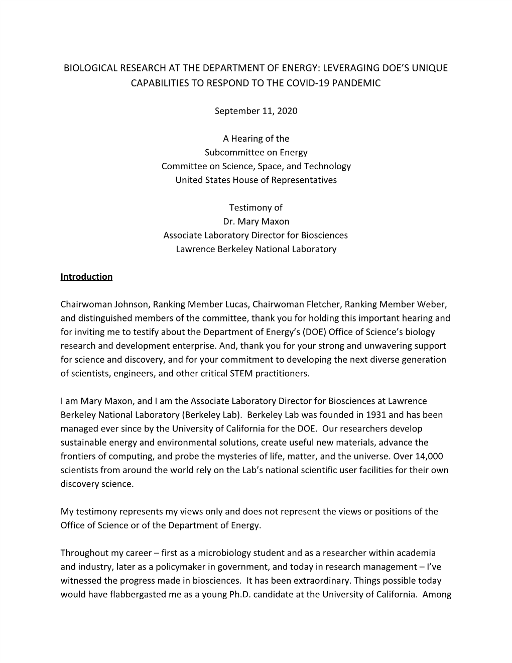 Biological Research at the Department of Energy: Leveraging Doe’S Unique Capabilities to Respond to the Covid-19 Pandemic