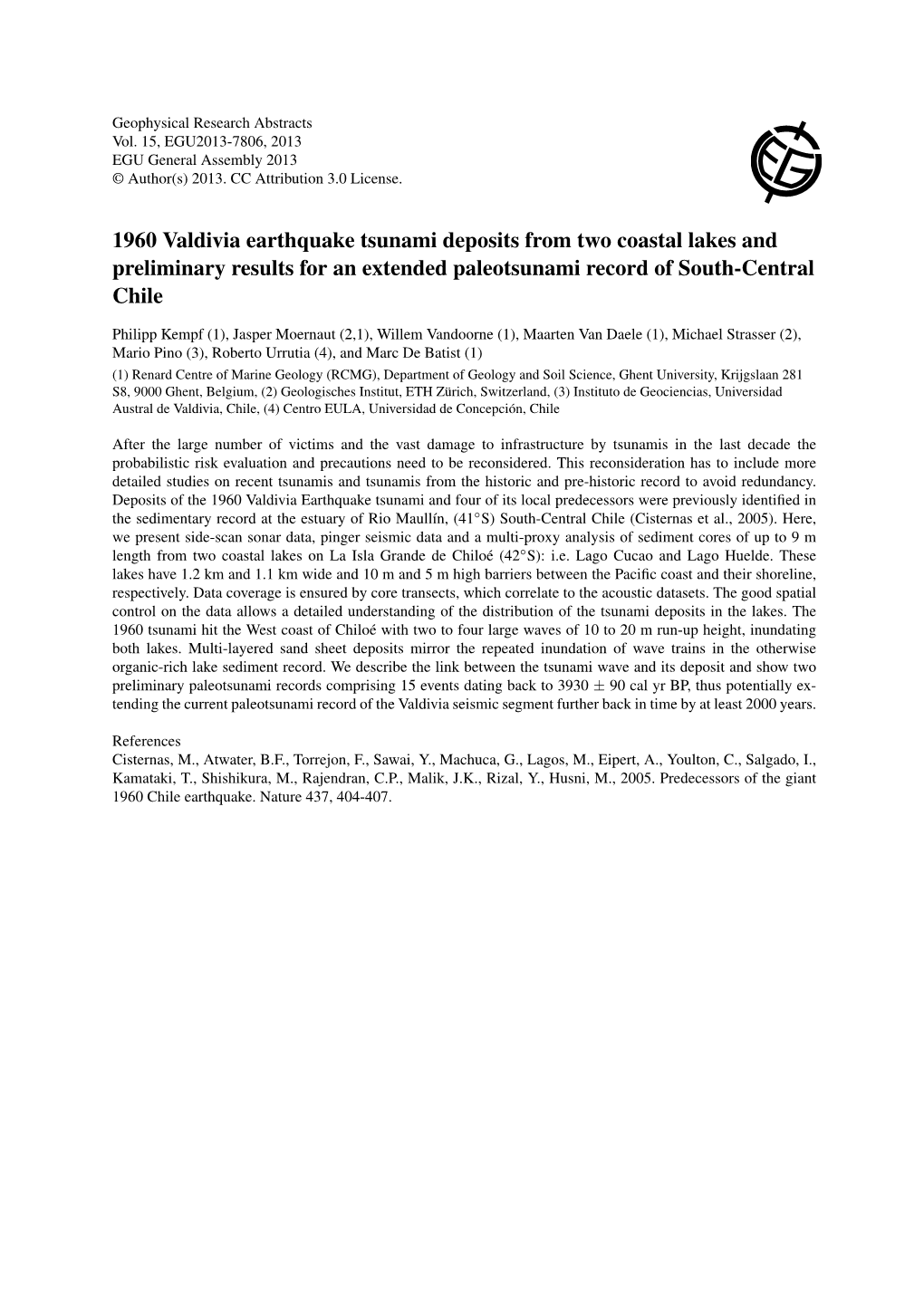 1960 Valdivia Earthquake Tsunami Deposits from Two Coastal Lakes and Preliminary Results for an Extended Paleotsunami Record of South-Central Chile