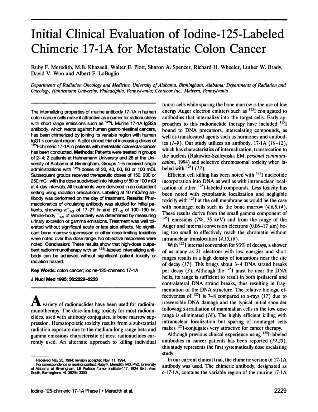 Initial Clinical Evaluation of Iodine-125-Labeled Chimeric 17-La