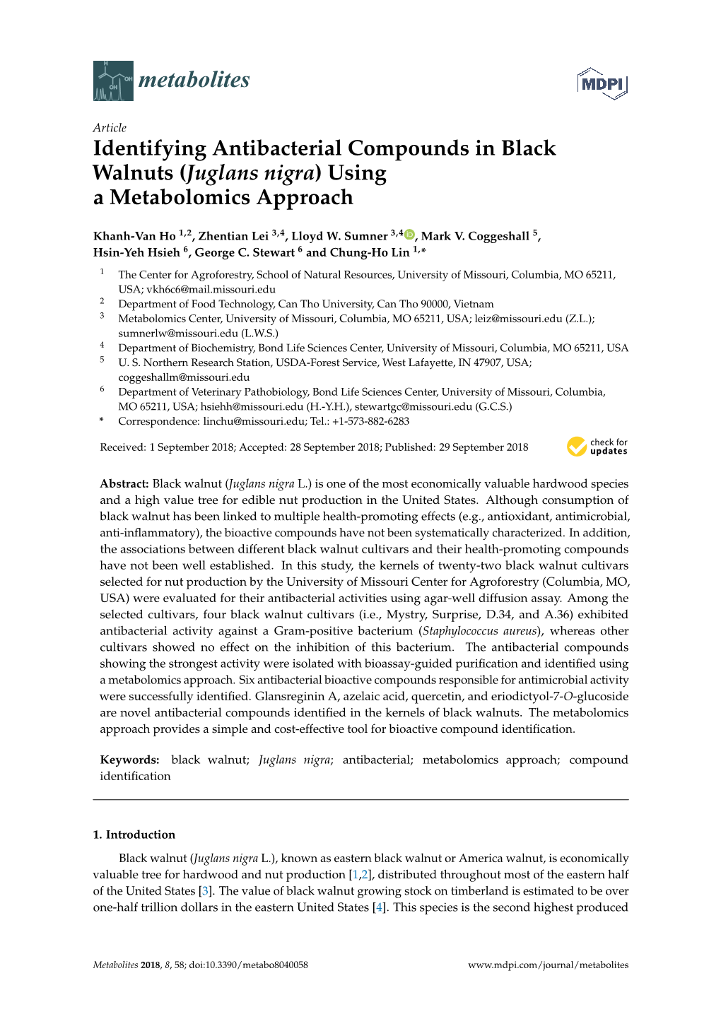 Identifying Antibacterial Compounds in Black Walnuts (Juglans Nigra) Using a Metabolomics Approach