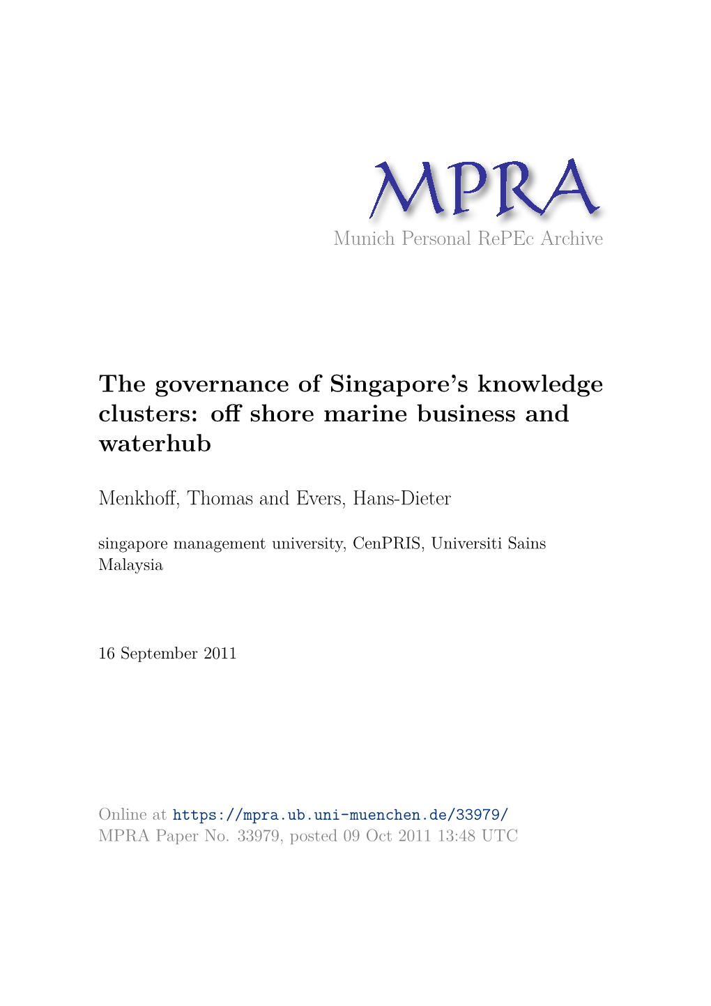 The Governance of Singapore's Knowledge Clusters