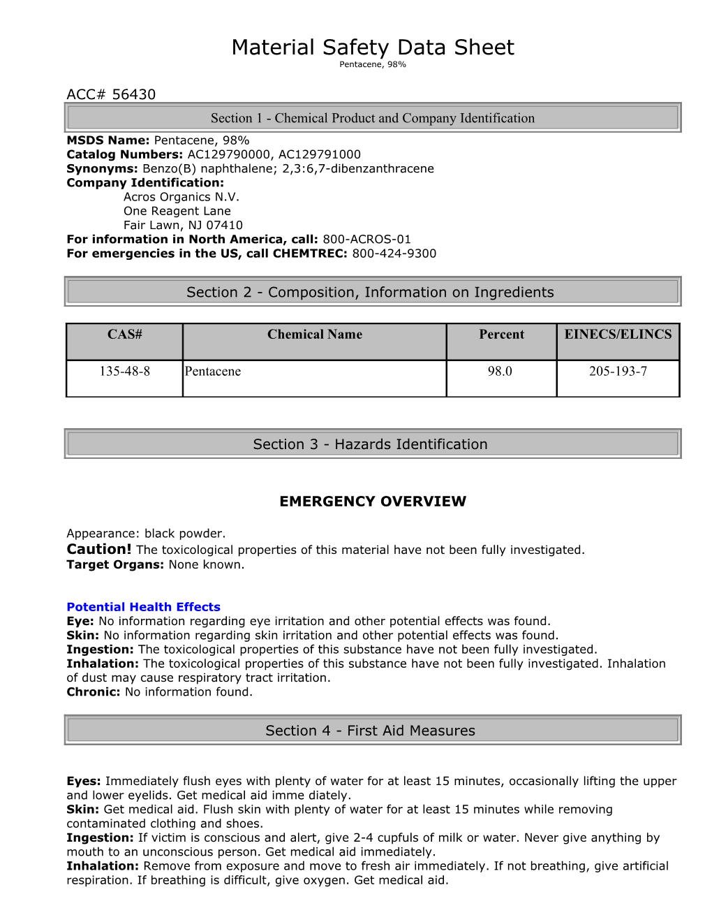 Material Safety Data Sheet Pentacene, 98%