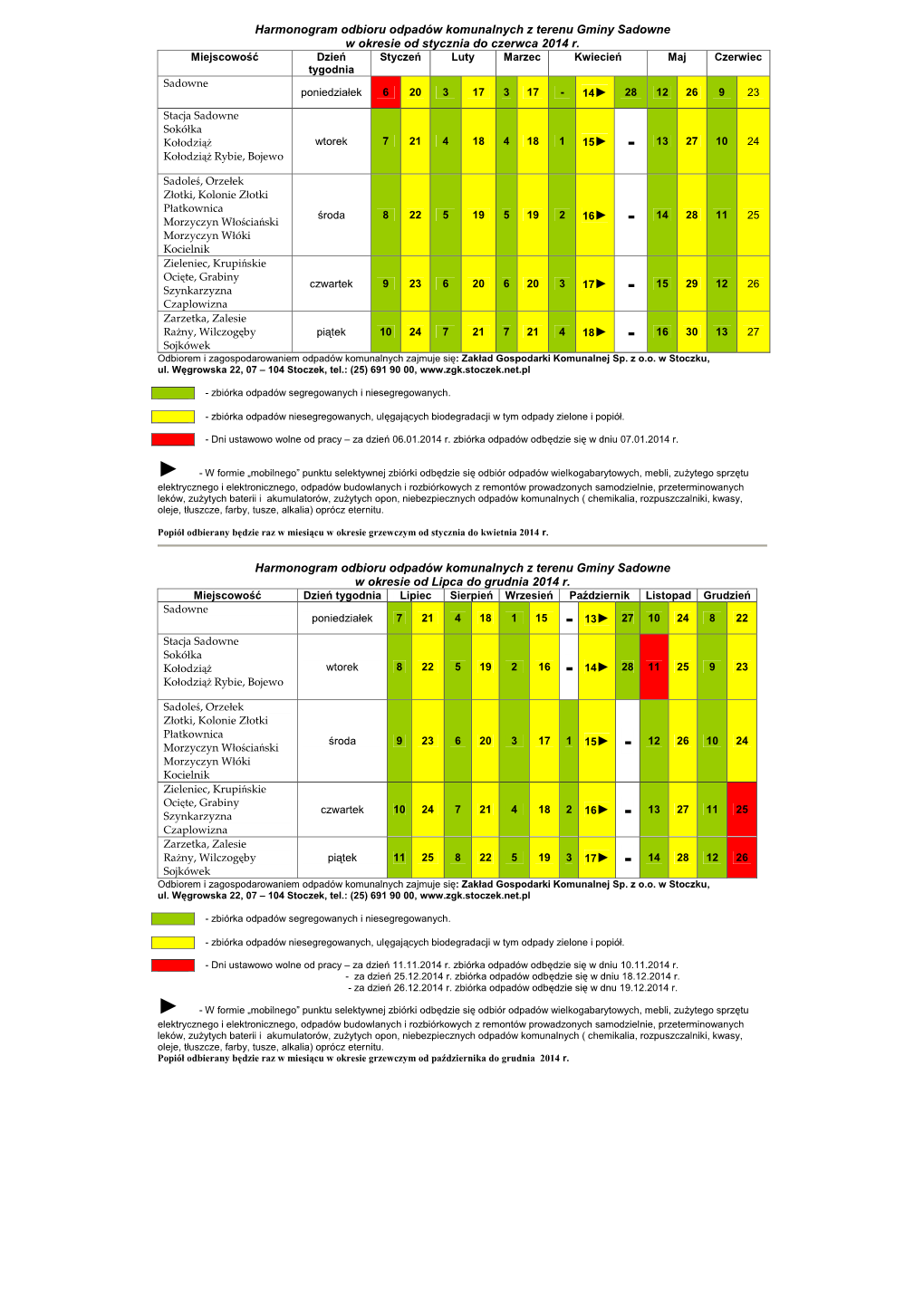 Harmonogram Odbioru Odpadów Komunalnych Z Terenu Gminy Sadowne W Okresie Od Stycznia Do Czerwca 2014 R