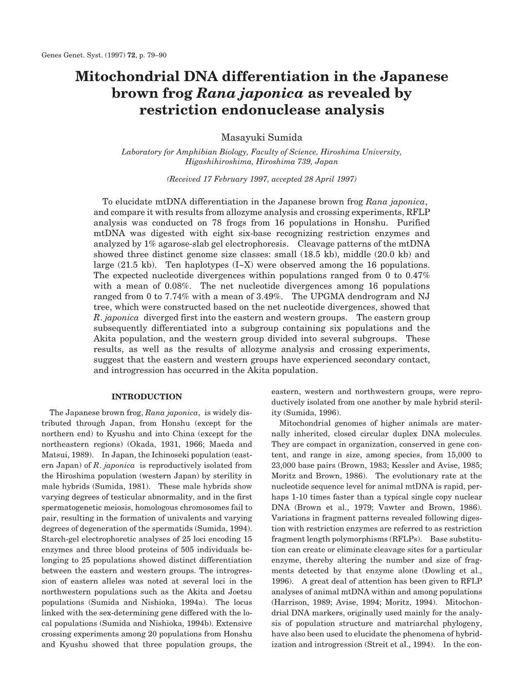 Mitochondrial DNA Differentiation in the Japanese Brown Frog Rana Japonica As Revealed by Restriction Endonuclease Analysis