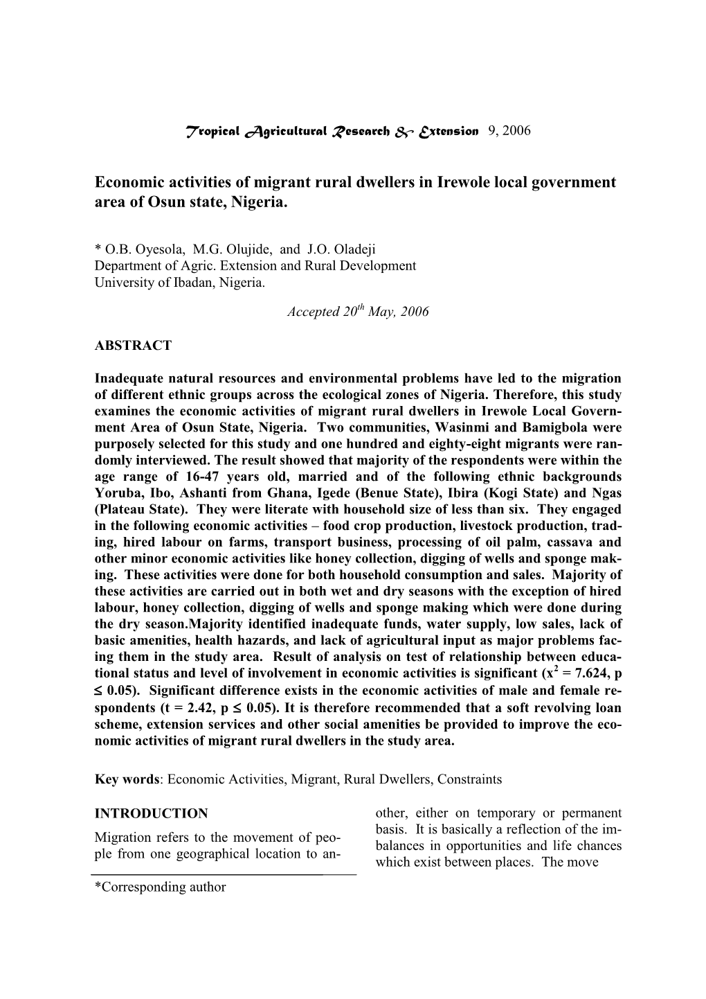 Economic Activities of Migrant Rural Dwellers in Irewole Local Government Area of Osun State, Nigeria