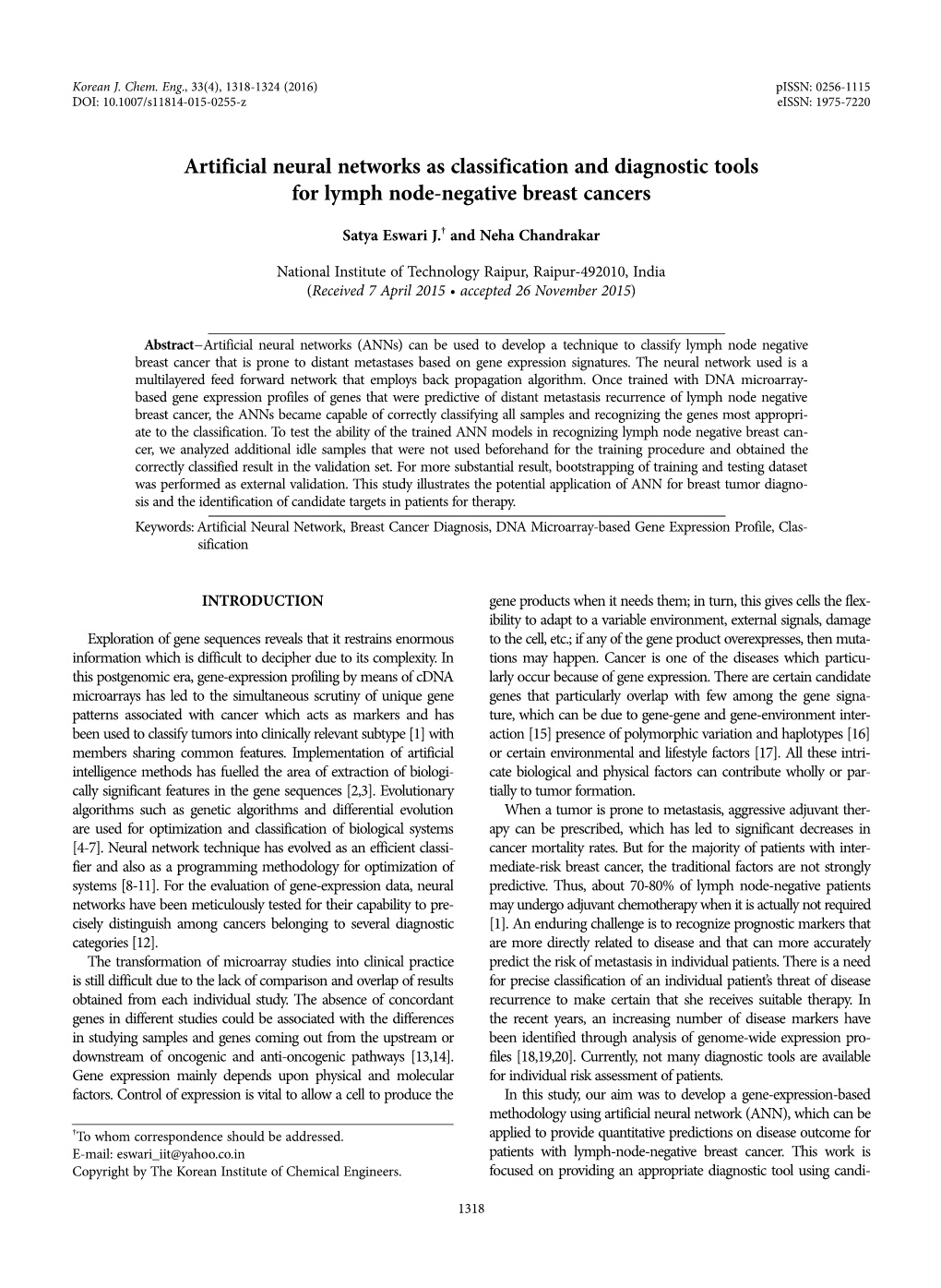 Artificial Neural Networks As Classification and Diagnostic Tools for Lymph Node-Negative Breast Cancers