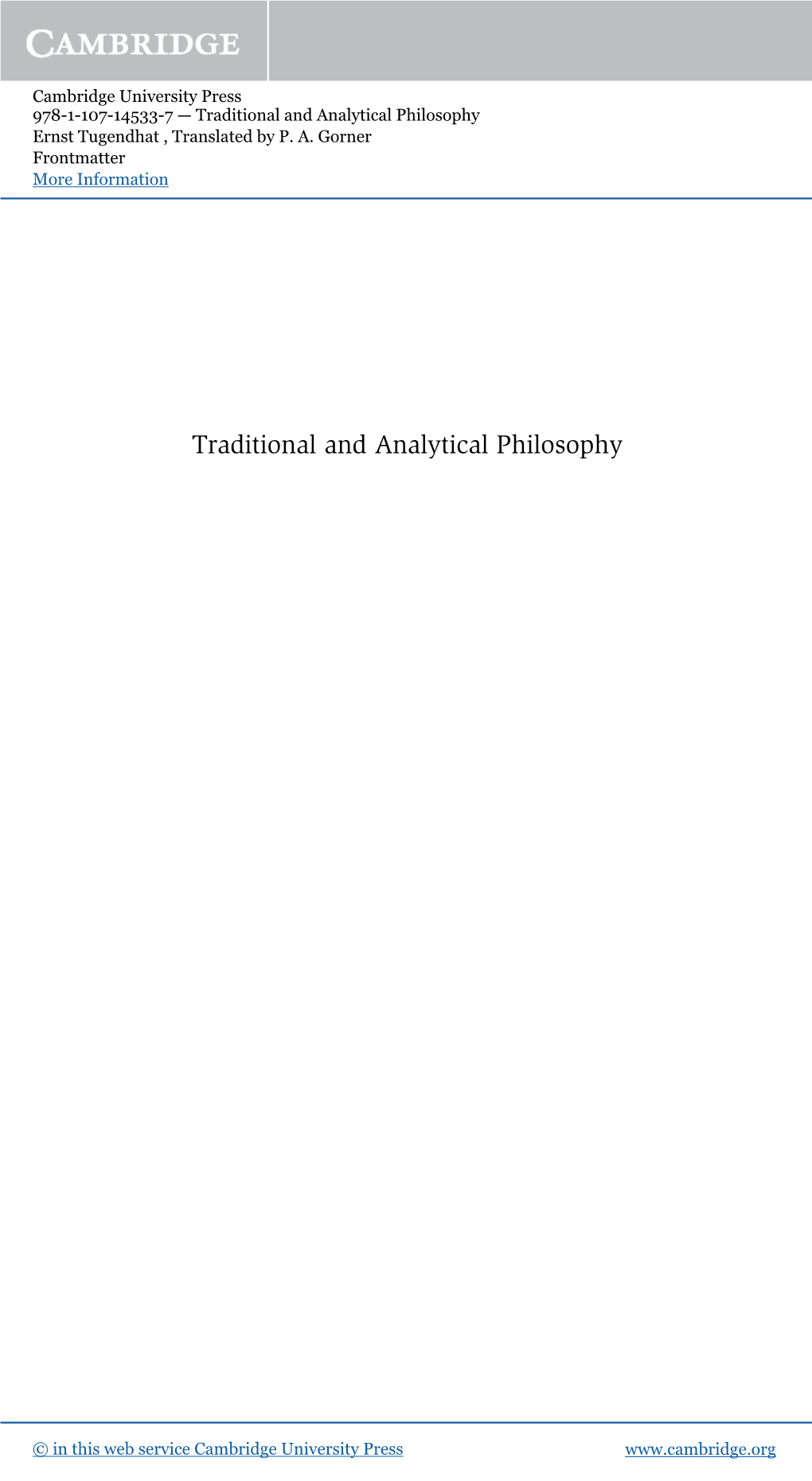 Traditional and Analytical Philosophy Ernst Tugendhat , Translated by P