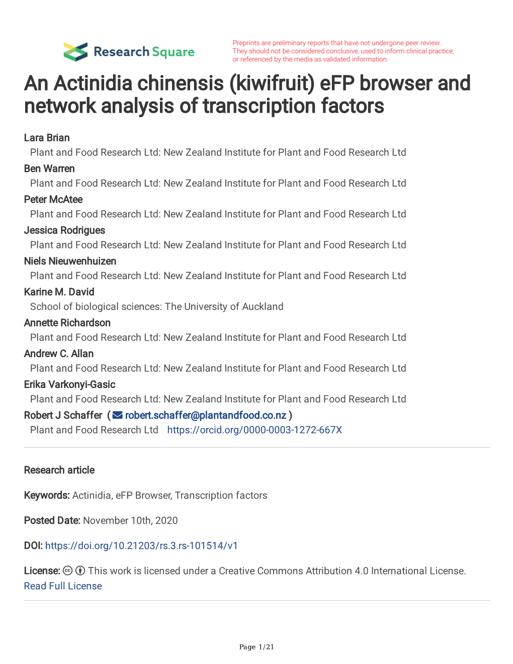 An Actinidia Chinensis (Kiwifruit) Efp Browser and Network Analysis of Transcription Factors