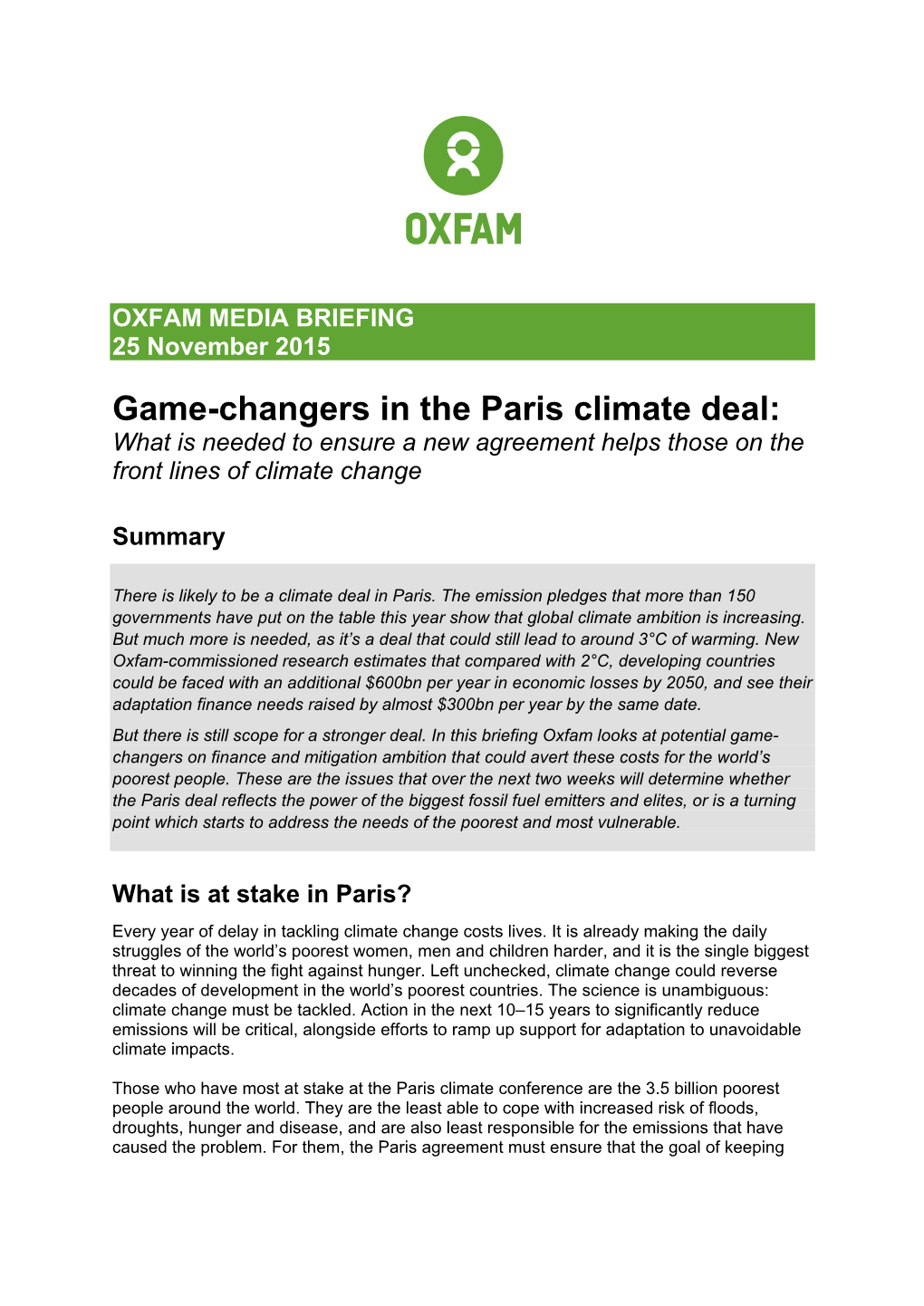 Game-Changers in the Paris Climate Deal: What Is Needed to Ensure a New Agreement Helps Those on the Front Lines of Climate Change