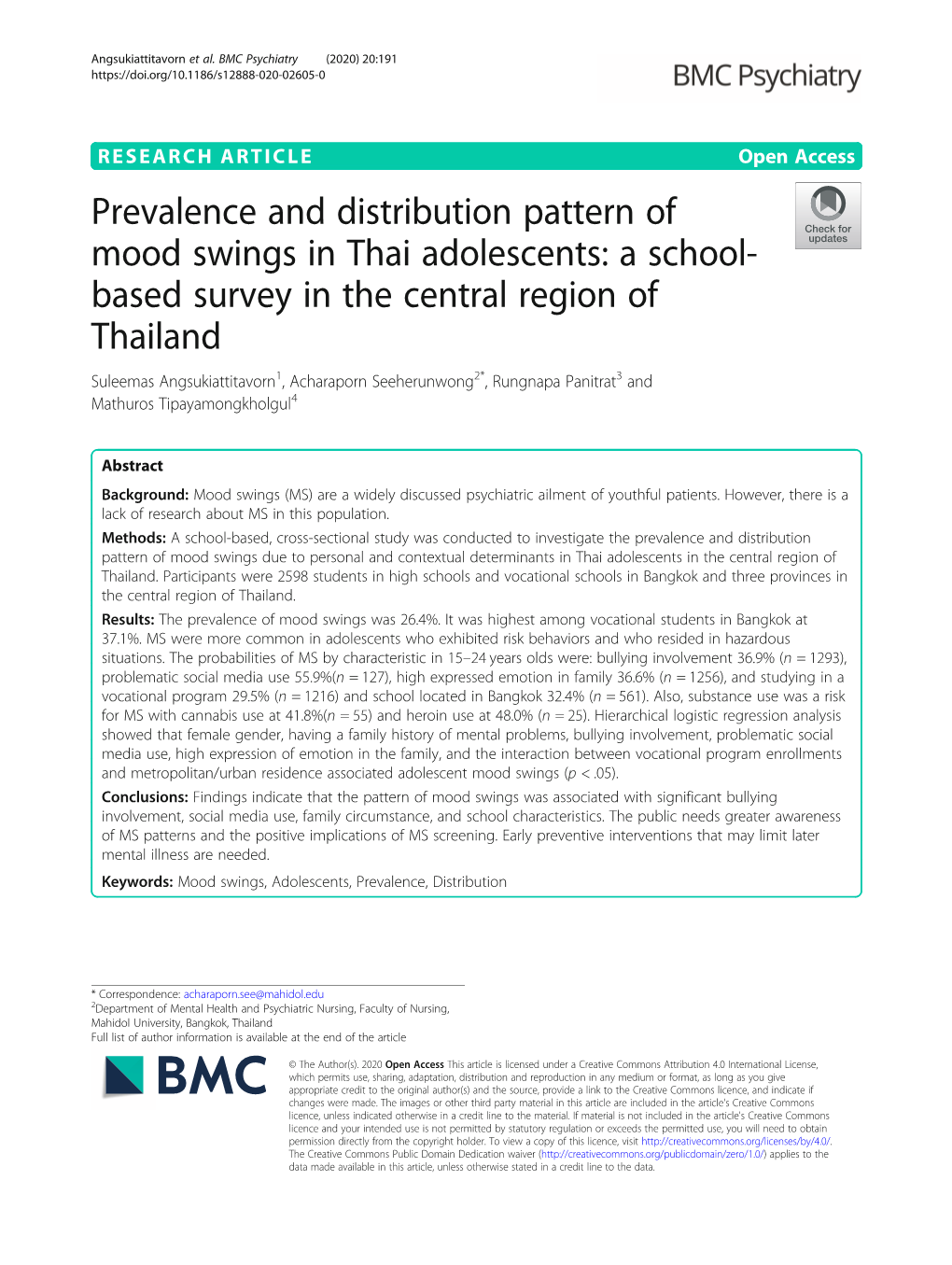 Prevalence and Distribution Pattern of Mood Swings In