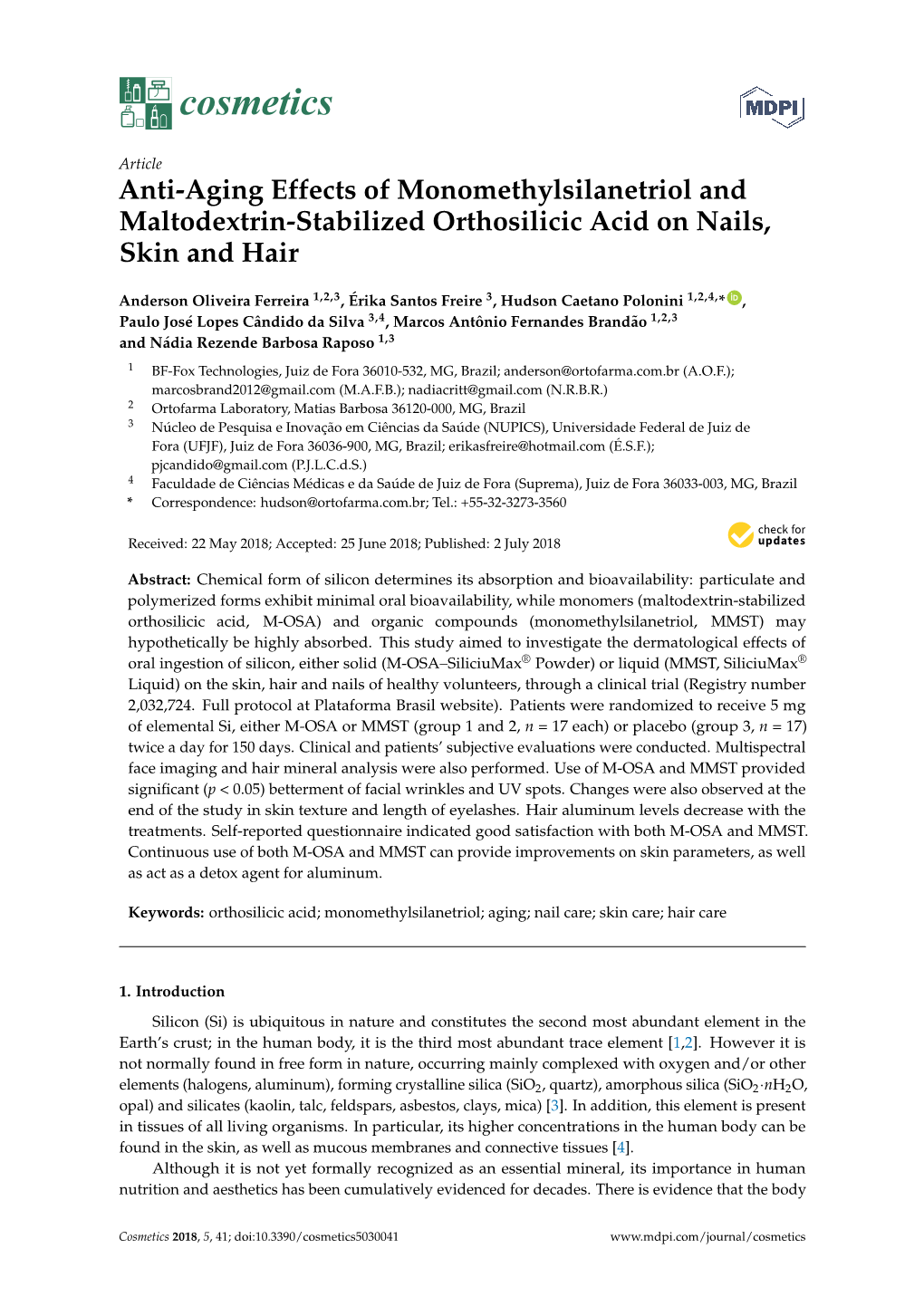 Anti-Aging Effects of Monomethylsilanetriol and Maltodextrin-Stabilized Orthosilicic Acid on Nails, Skin and Hair