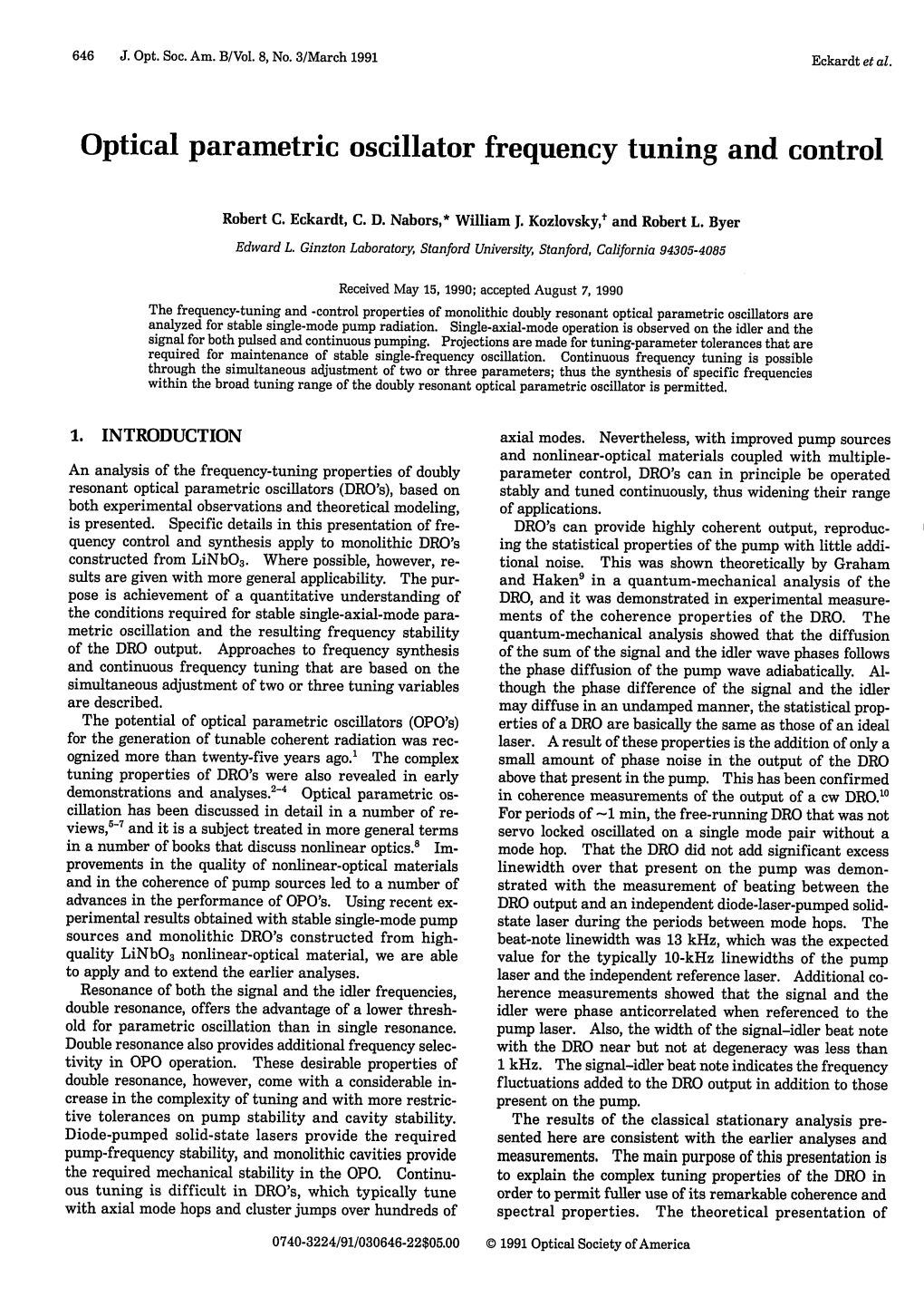 Optical Parametric Oscillator Frequency Tuning and Control