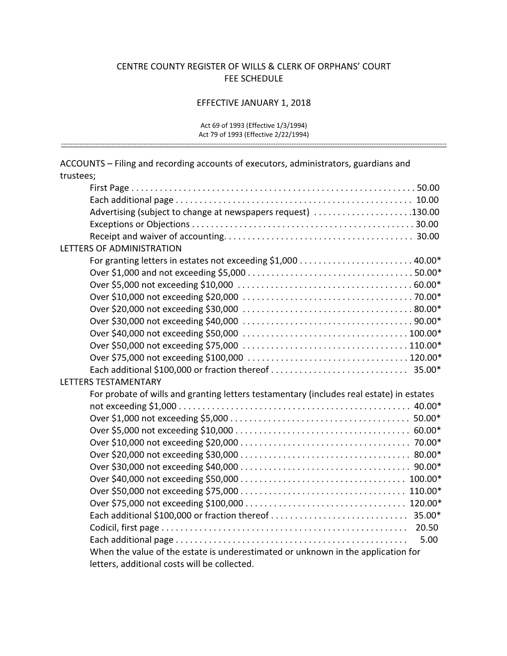 Centre County Register of Wills & Clerk of Orphans' Court Fee Schedule