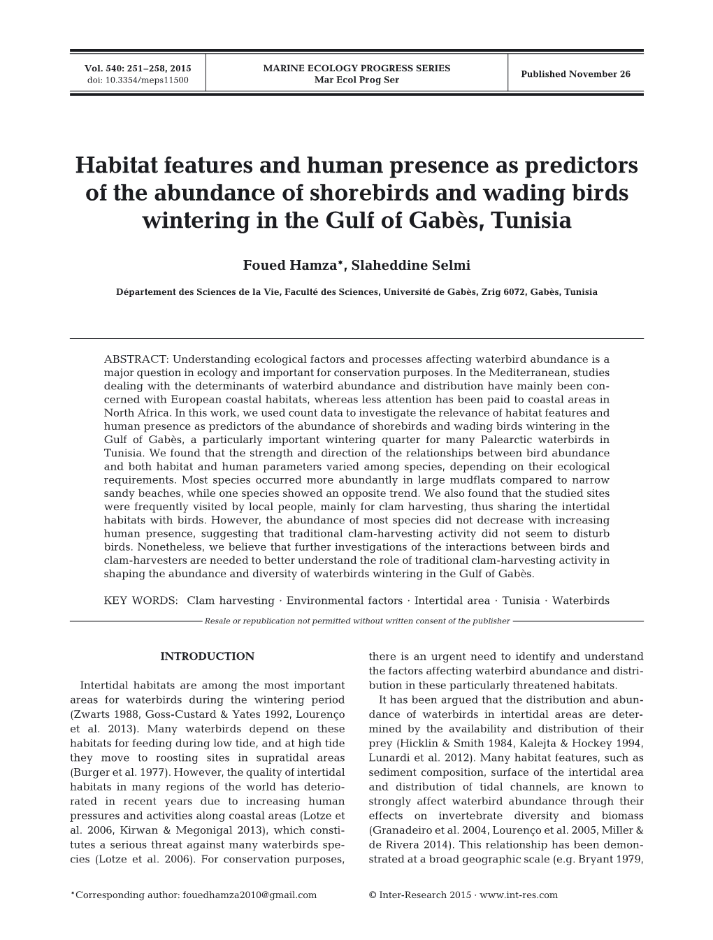 Habitat Features and Human Presence As Predictors of the Abundance of Shorebirds and Wading Birds Wintering in the Gulf of Gabès, Tunisia