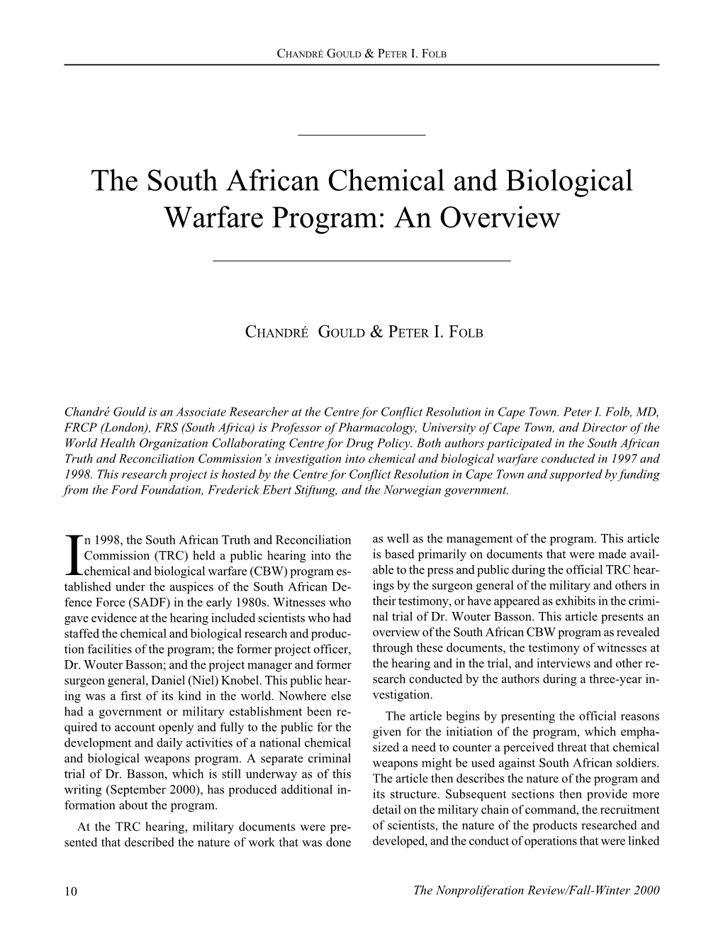 NPR73: the South African Chemical and Biological Warfare Program