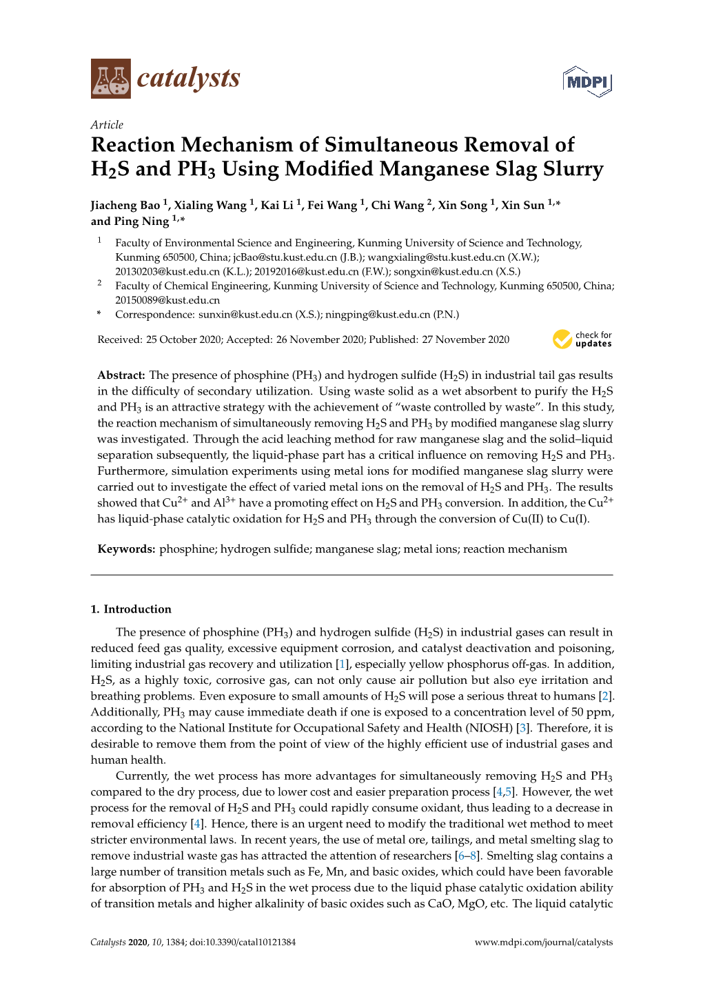 Reaction Mechanism of Simultaneous Removal of H2S and PH3 Using Modiﬁed Manganese Slag Slurry