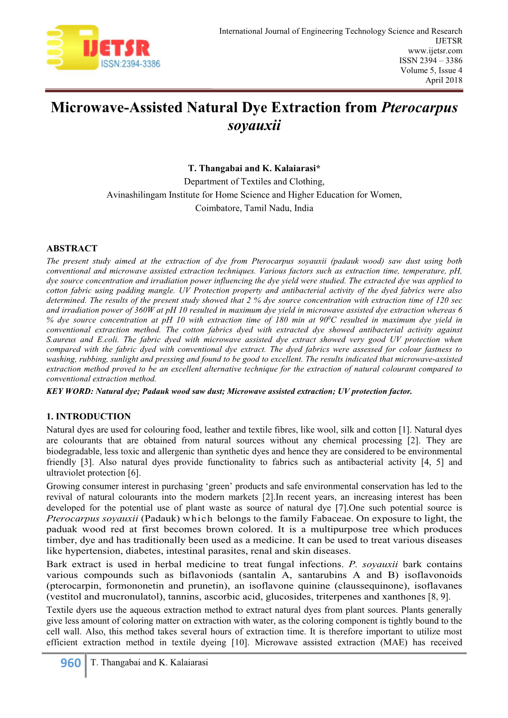 Microwave-Assisted Natural Dye Extraction from Pterocarpus Soyauxii