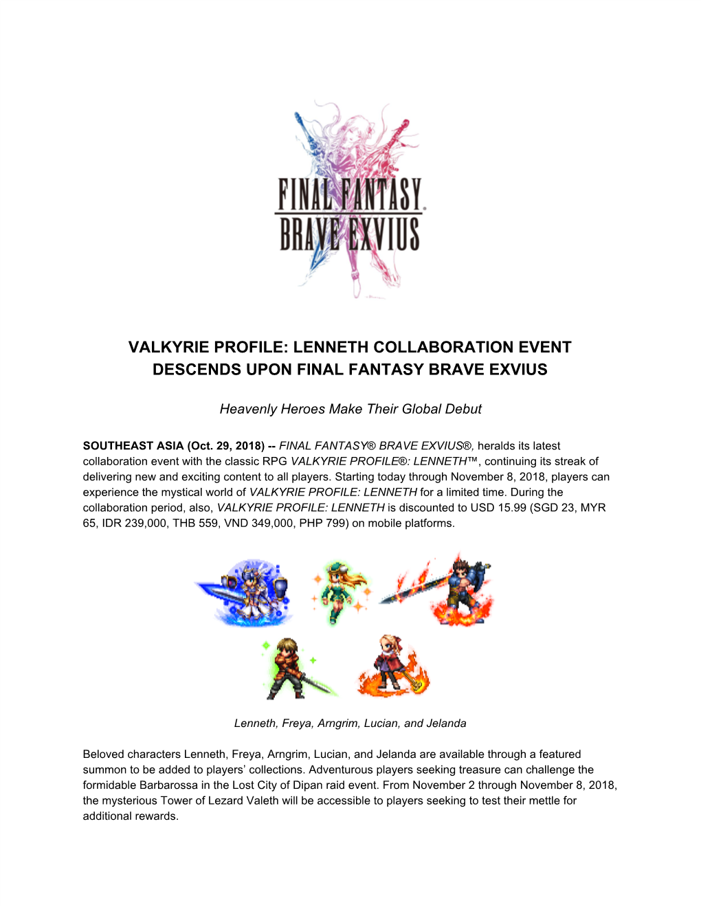 Valkyrie Profile: Lenneth Collaboration Event Descends Upon Final Fantasy Brave Exvius