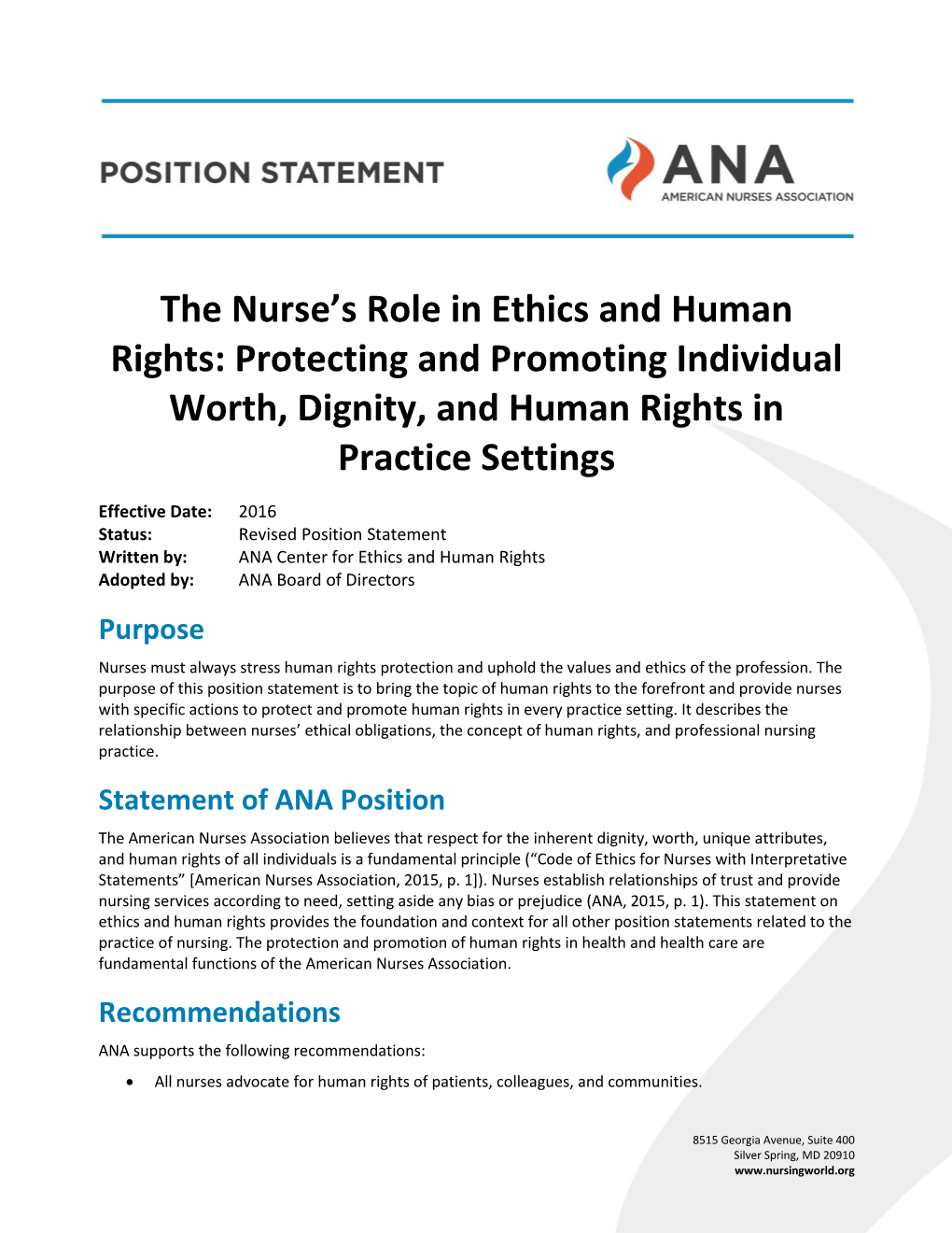 The Nurse's Role in Ethics and Human Rights