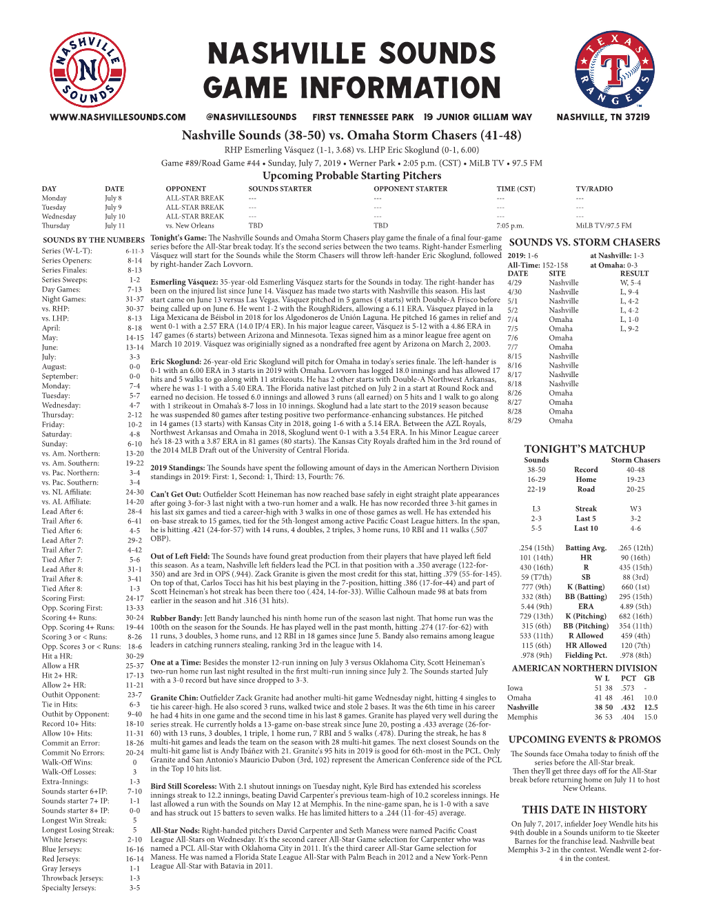 Nashville Sounds Game Information @Nashvillesounds First Tennessee Park 19 Junior Gilliam Way Nashville, TN 37219 Nashville Sounds (38-50) Vs