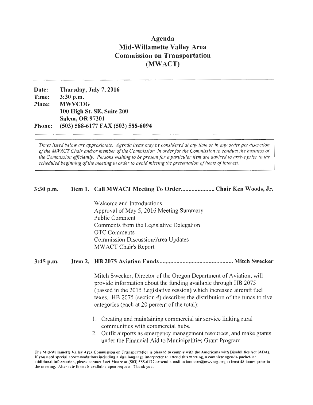 Agenda Mid-Willamette Valley Area Commission on Transportation (MWACT)