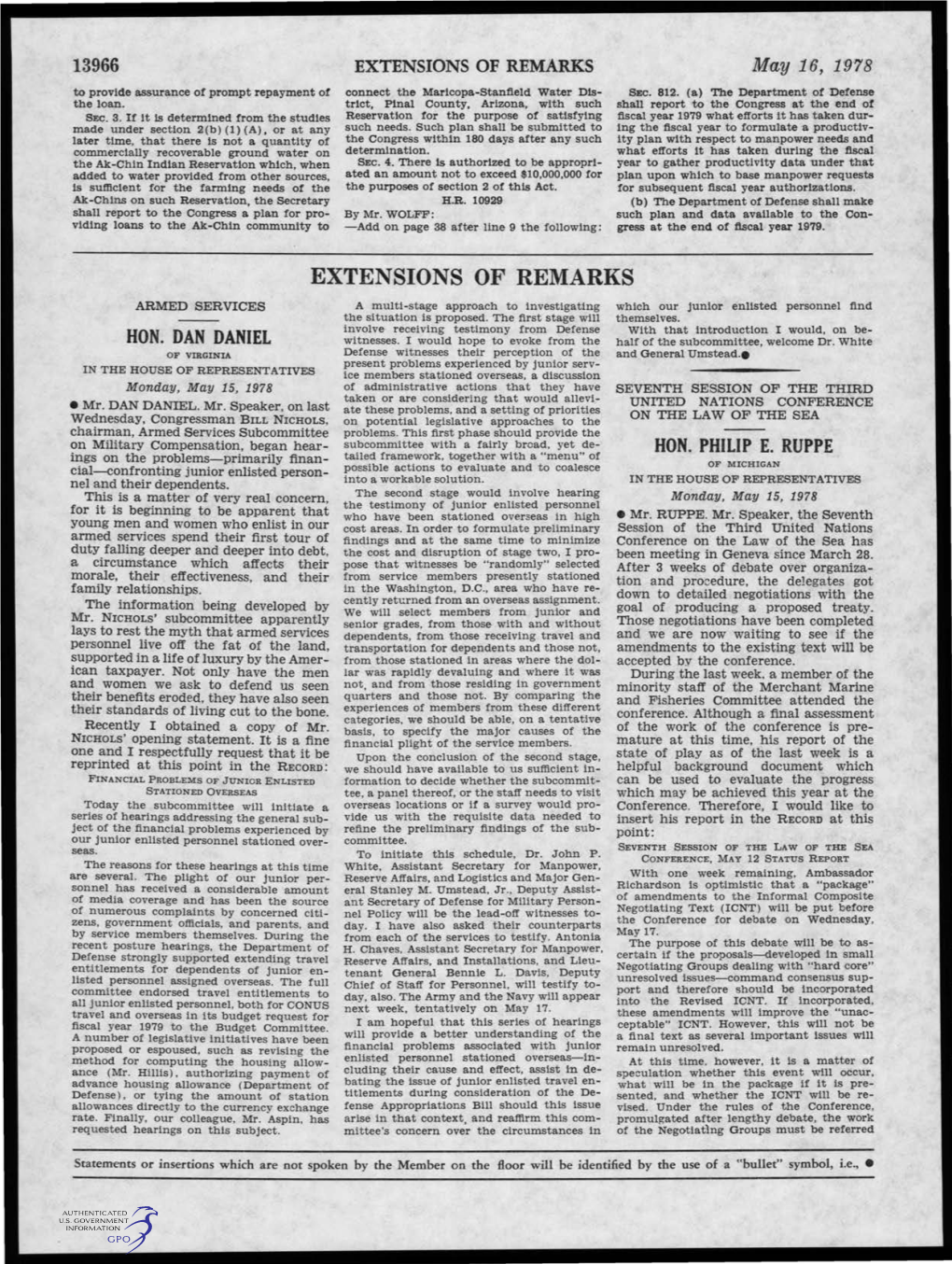 EXTENSIONS of REMARKS May 16, 1978 to Provide Assurance of Prompt Repayment of Connect the Maricopa-Stanfield Water Dis­ Sec