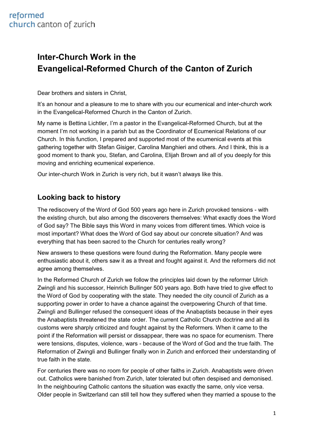Inter-Church Work in the Evangelical-Reformed Church of the Canton of Zurich