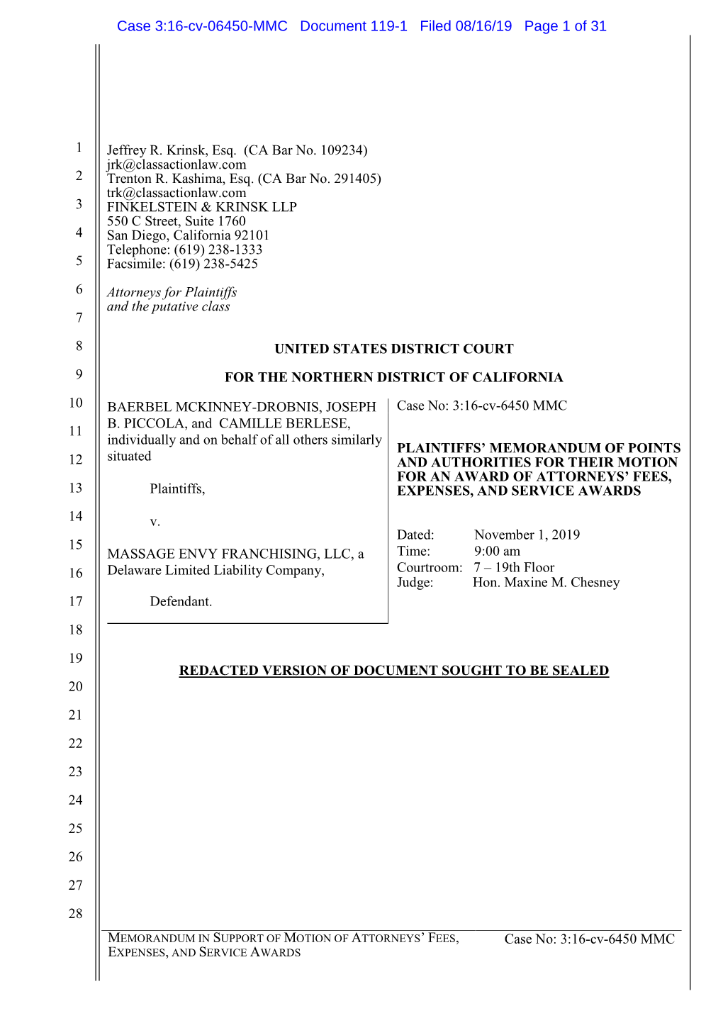 Case 3:16-Cv-06450-MMC Document 119-1 Filed 08/16/19 Page 1 of 31