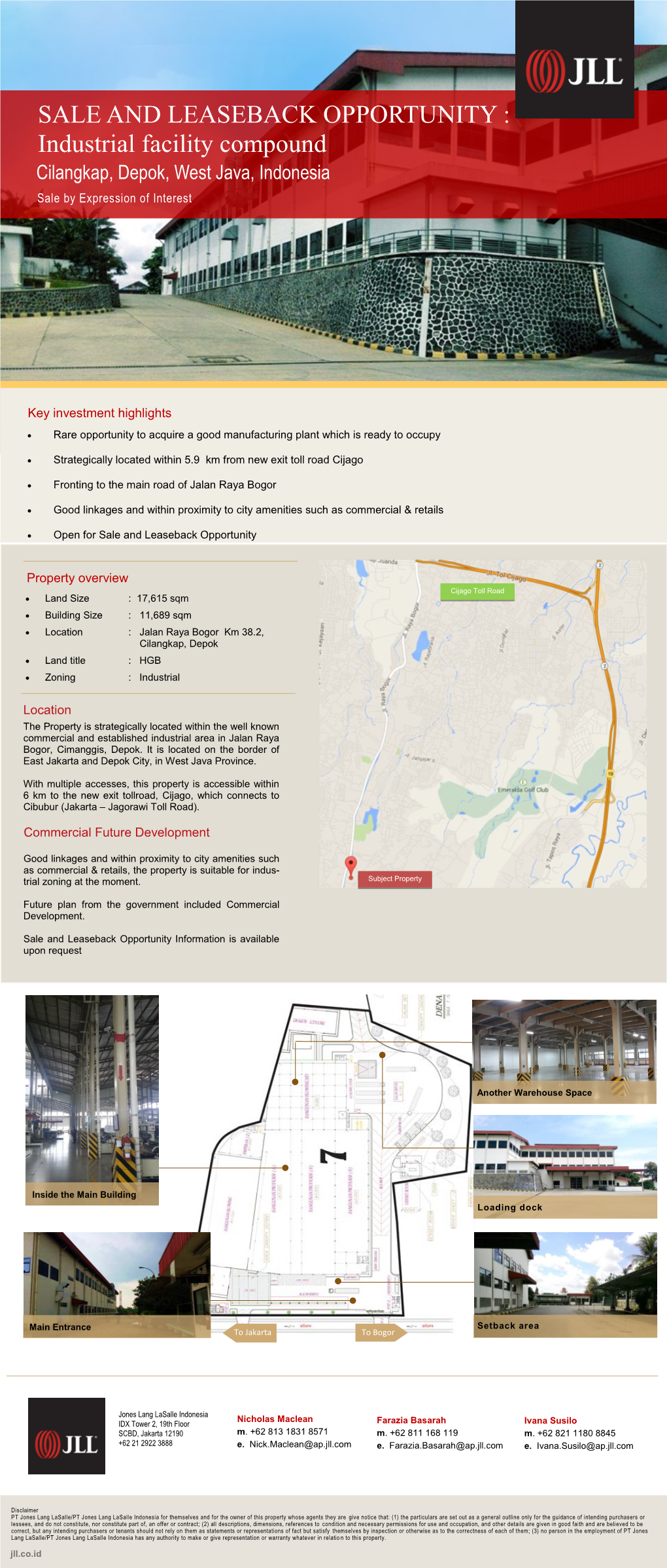 SALE and LEASEBACK OPPORTUNITY : Industrial Facility Compound Cilangkap, Depok, West Java, Indonesia