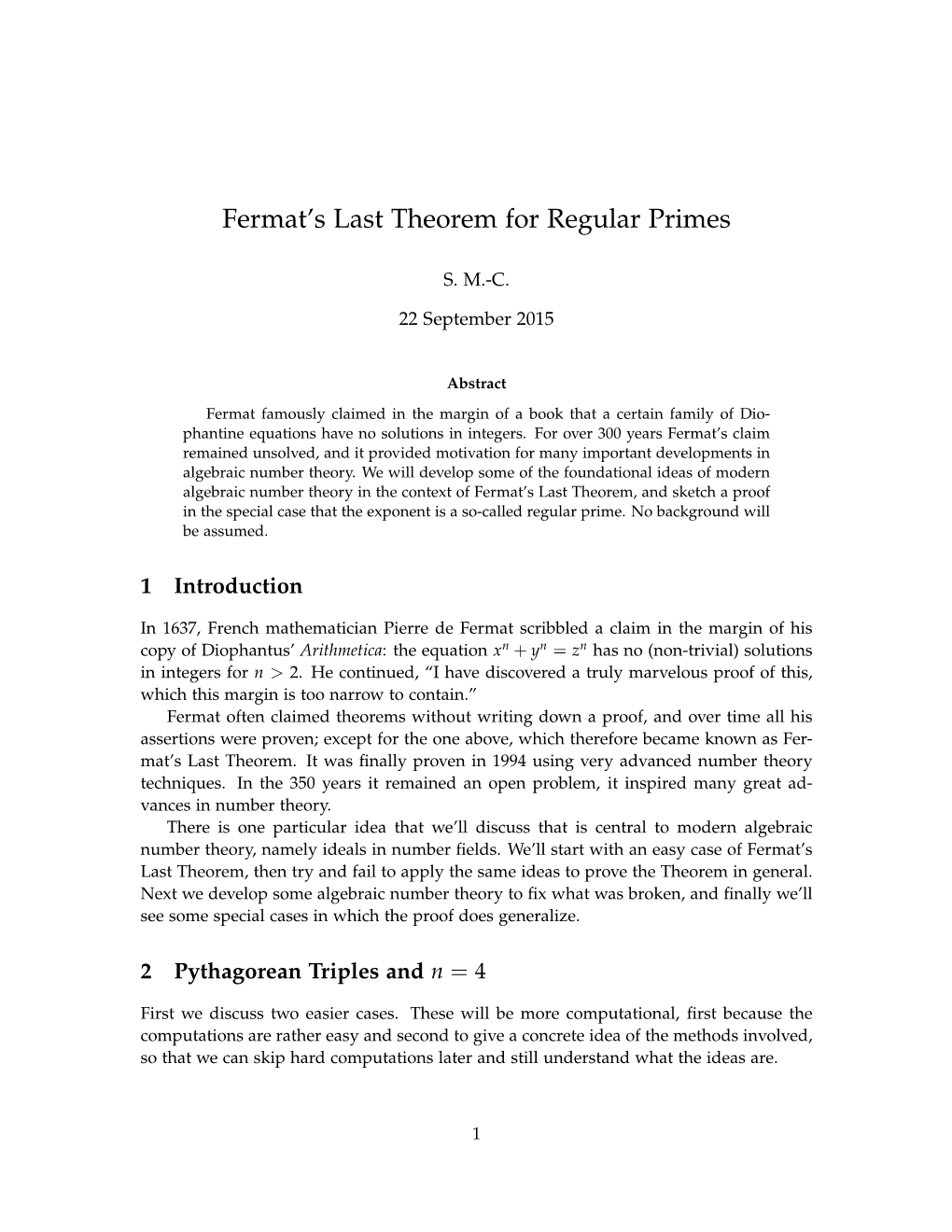 Fermat's Last Theorem for Regular Primes