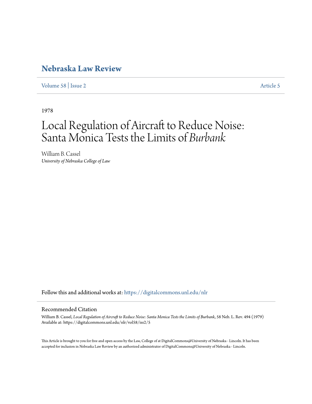 Local Regulation of Aircraft to Reduce Noise: Santa Monica Tests the Limits of Burbank